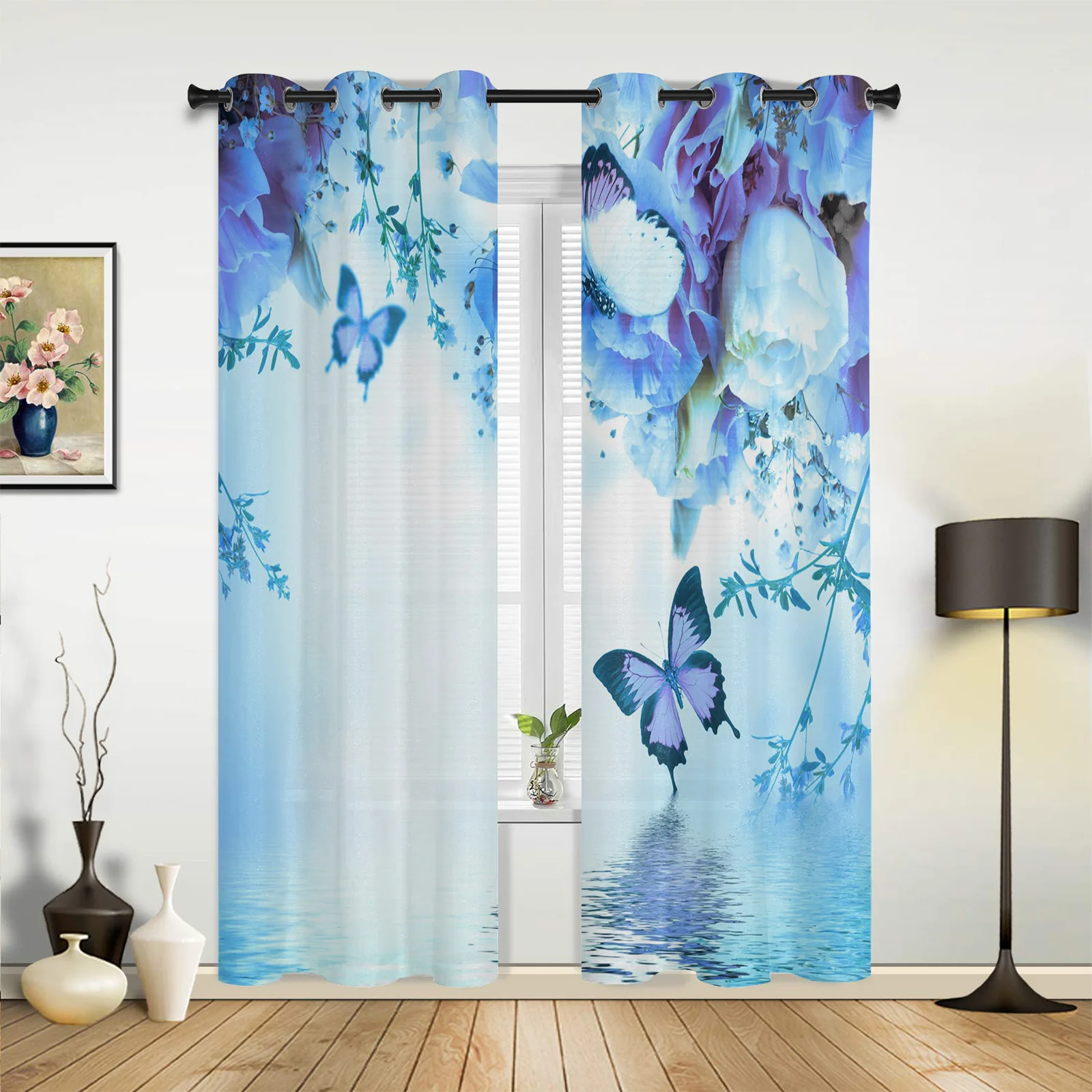 Butterfly Bouquet Blue Ripple Kitchen Curtain Kids Bedroom Living Room Balcony French Windows Curtain Fabric Pergola Bathroom