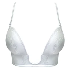 YANDW White Push up Bra sexy plunge Deep Gather Simple transparent Straps Floral Silicone women bra 70 75 80 85 90 95 A B C D E