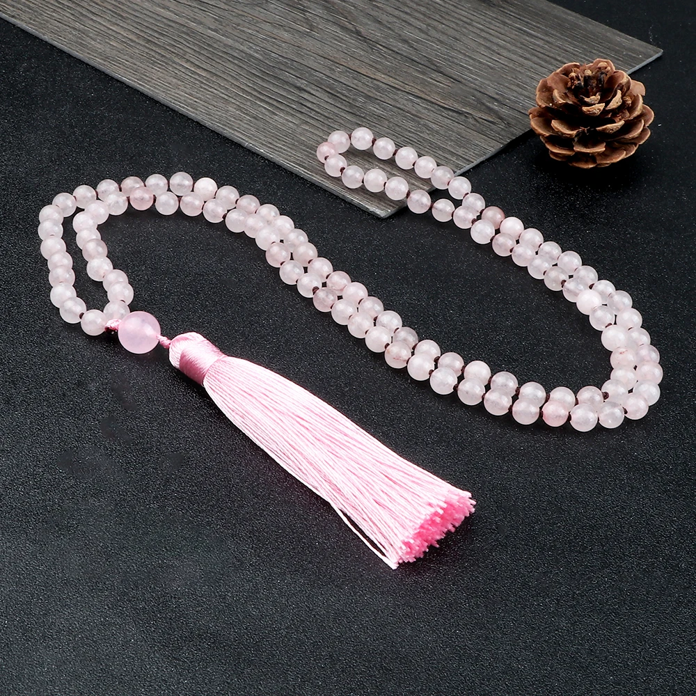 Pink Quartz 108 Beads Necklace Fashion Women 6mm Natural Stone Crystal Tassel Long Necklaces Meditation Yoga Spirit Mala Jewelry