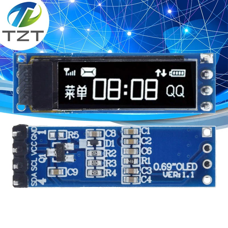 아두이노 3-5.5V IIC 인터페이스용 LCD 화면 제어 보드, 백색 OLED 디스플레이 모듈, 0.69 인치, 96x16, 0.69 인치 SSD1306