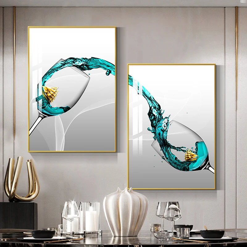 Abstract Luxury Wine Glass Canvas Wall Art Golden Sailboat Painting Dining Room Kitchen Decoration Posters and Prints Cuadros