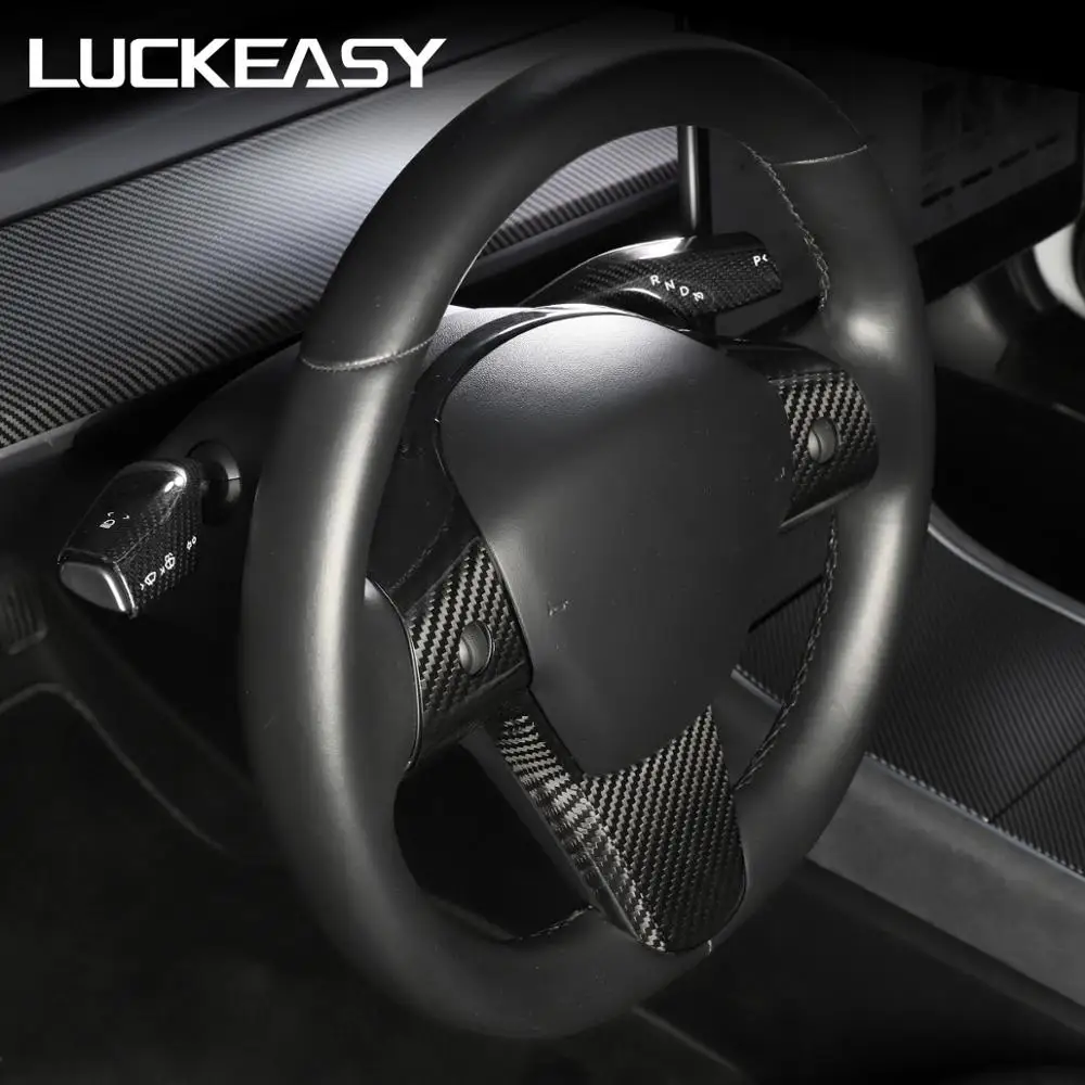 LUCKEASY For Tesla Model 3 Model Y Carbon Fiber Steering Wheel Patch Model3 2023 Real Carbon Fiber Interior Modified Accessories