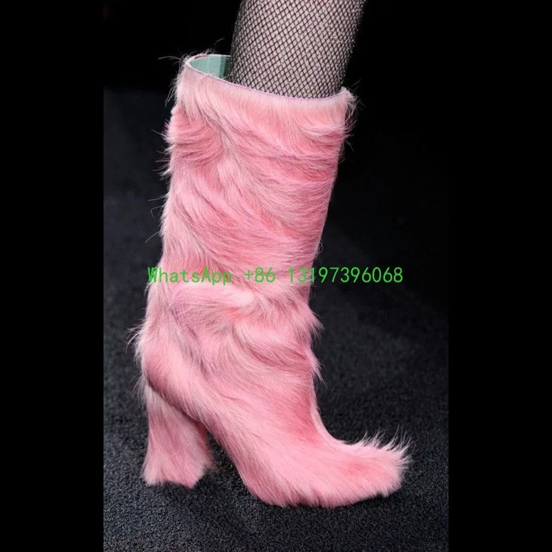 Ladies hot pink furry calf boots pointed toe fashion boots catwalk boots fall/winter footwear Square heel warm boots plus size