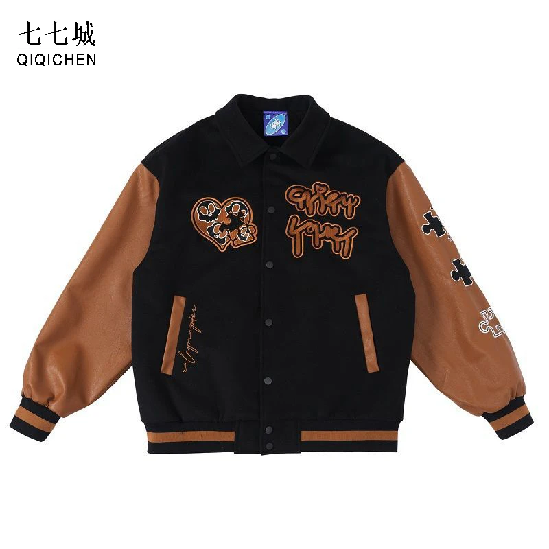 Baseball Varsity Jackets Men Women Vintage Puzzle Embroidery College Bomber Jacket College Casual Loose Hip Hop Coat Unisex 2021