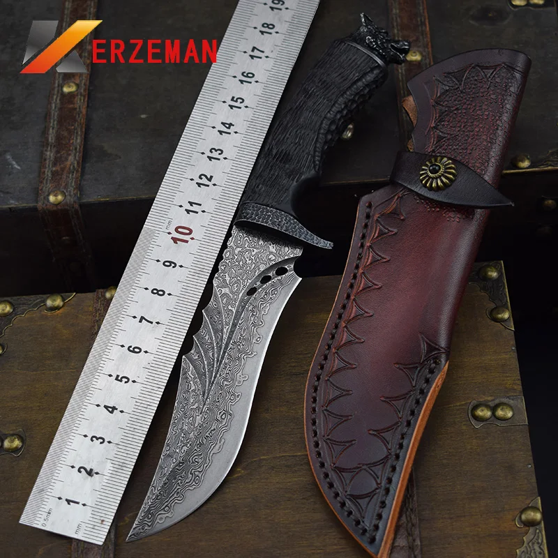 Damascus Steel Fixed Blade Leather Sheath Ebony Handmade Hunting Straight Knife Outdoor Survival Tactical Self-Defense Tools