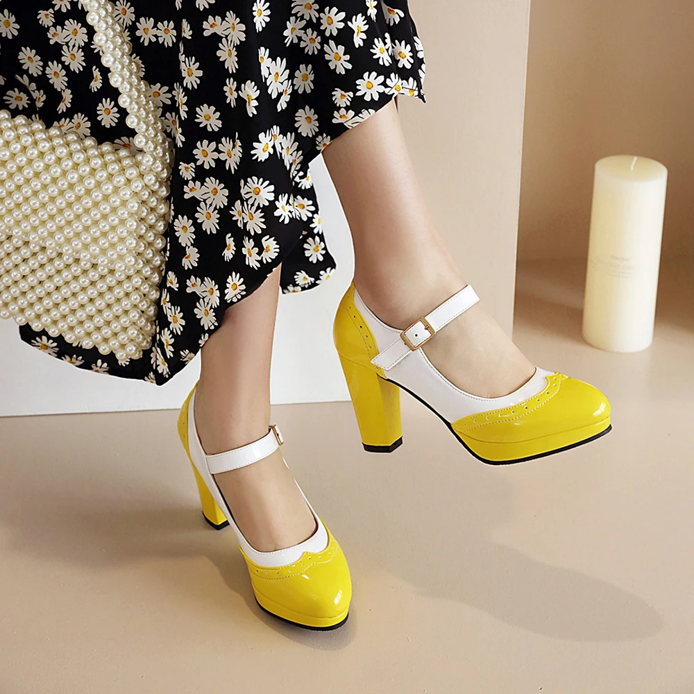 New Arrival Women Platform Pumps Spring Mixed Colors Mary Jane Shoes Lady Round Toe High Heels Fashion Buckle Brogues Woman