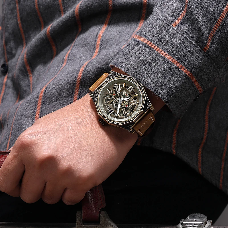 Orologio meccanico da uomo di lusso retrò di marca superiore movimento automatico self-wind cintura in pelle marrone corona a forma di diamante