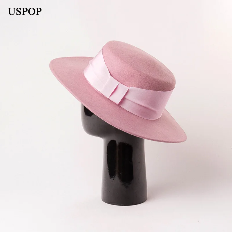 Uspol novo outono inverno flat top lã fedoras feminino laço largo fita chapéus de lã moda feminina cor sólida grosso chapéus de lã