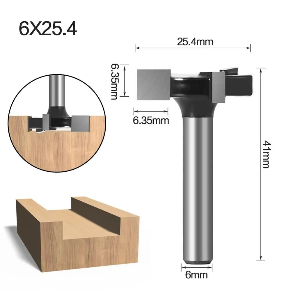 VACK 1/4" 6mm Shank T-Slot Milling Cutter 3Flutes Router Bit Set T Slotting Hole Bits Groove Wood Woodworking Milling Tools