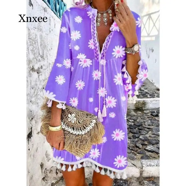 

beach boho white lace Boho Mini Dress Women Autumn Pop Tassel loose V Neck Dresses Lady Beach Female Clothing floral boho purple