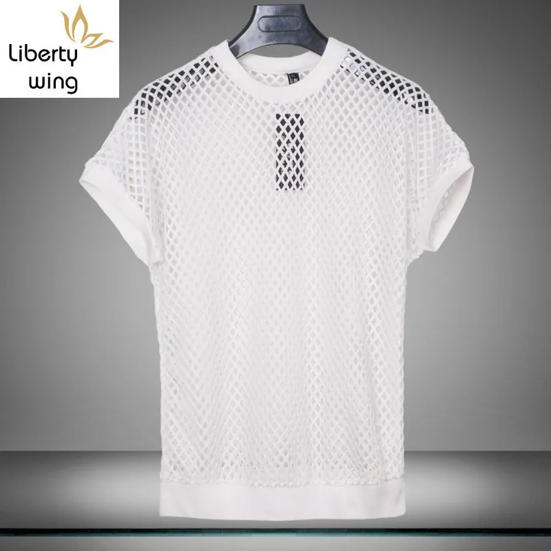 

Fashion Summer Grid Transparent Punk Style Mens T-Shirts Short Sleeve Hollow Out O-Neck Slim Fit Solid Camiseta Masculina Tops