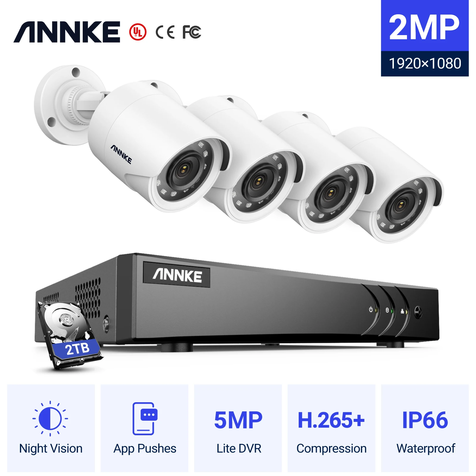 ANNKE 1080P H.265+ 8CH CCTV Camera DVR System with 2.0MP 4X IP66 Waterproof Outdoor Bullet Cameras Home Video Security CCTV Kit