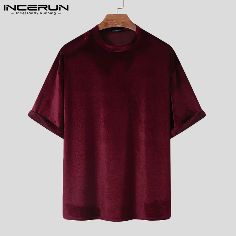 Men T Shirt Velour Solid Color O-neck Half Sleeve Streetwear Casual Camisetas Hombre Cozy 2023 Loose Leisure Tee Tops INCERUN