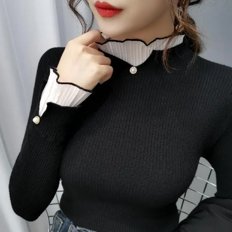 Half-high collar fake two-piece self-cultivation sweater women\'s autumn and winter new beaded lace stitching knitted solid color