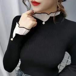 Half-high collar fake two-piece self-cultivation sweater women's autumn and winter new beaded lace stitching knitted solid color