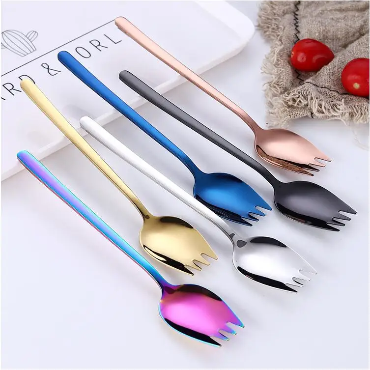 Multifuntional Spork 2 in 1 Silverware Fork Spoon Colored Stainless Steel 304 Gold Fork Noodle Eating SN3156