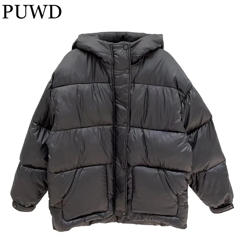 

PUWD Warm Women Pure Color Hooded Sashes With Cotton Jacket 2021 Autumn/Winter Lacing Casual Pocket Parka Loose Female Outwear