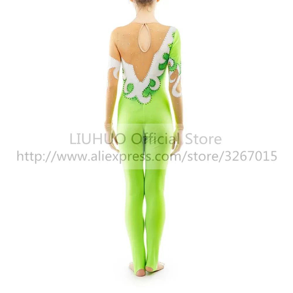 LIUHUO Women\'s Girls\'  Adult Jumpsuit Performance Green Rhythmic Gymnastics Competition Leotard Ice Figure Skating Dress Dance