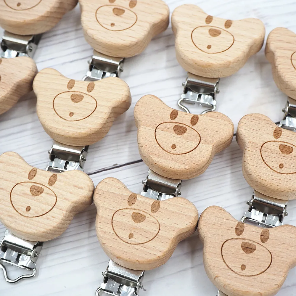 Chenkai 5PCS Wooden Bear Flower Car Heart Bird Elephant Round Star Clips BPA Free For DIY Baby Nature Pacifier Chain Gifts