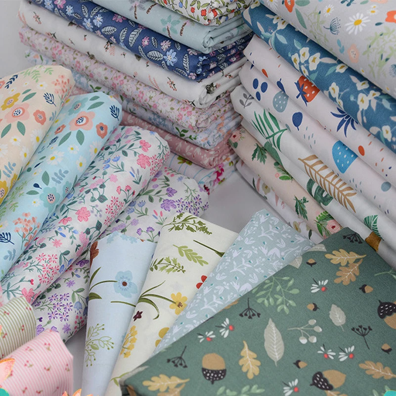 Floral  Fabric Cotton Flowers Leaf Printed Twill Fabrics For Sewing Baby Clothes Bedding DIY Toys Handmade Per Half Meter