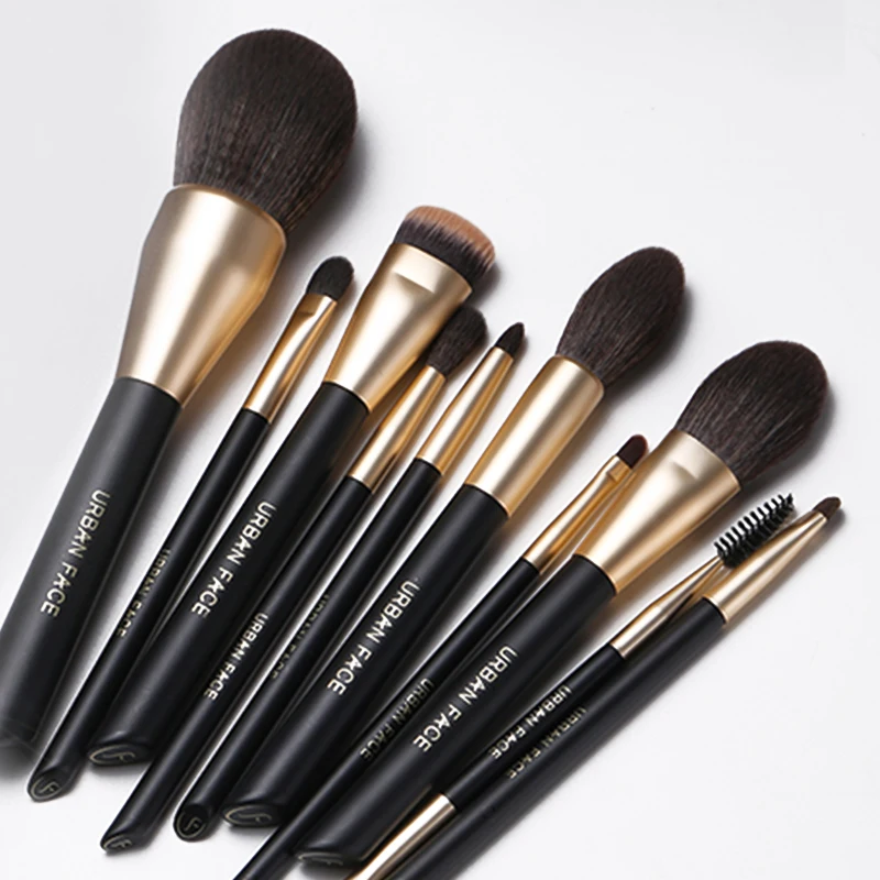 Urban Face Makeup Brush Set 10-12 Pieces Fulll Synthetic Hair Black and Gold Matte with Vegan Leather Cosmetic Bag