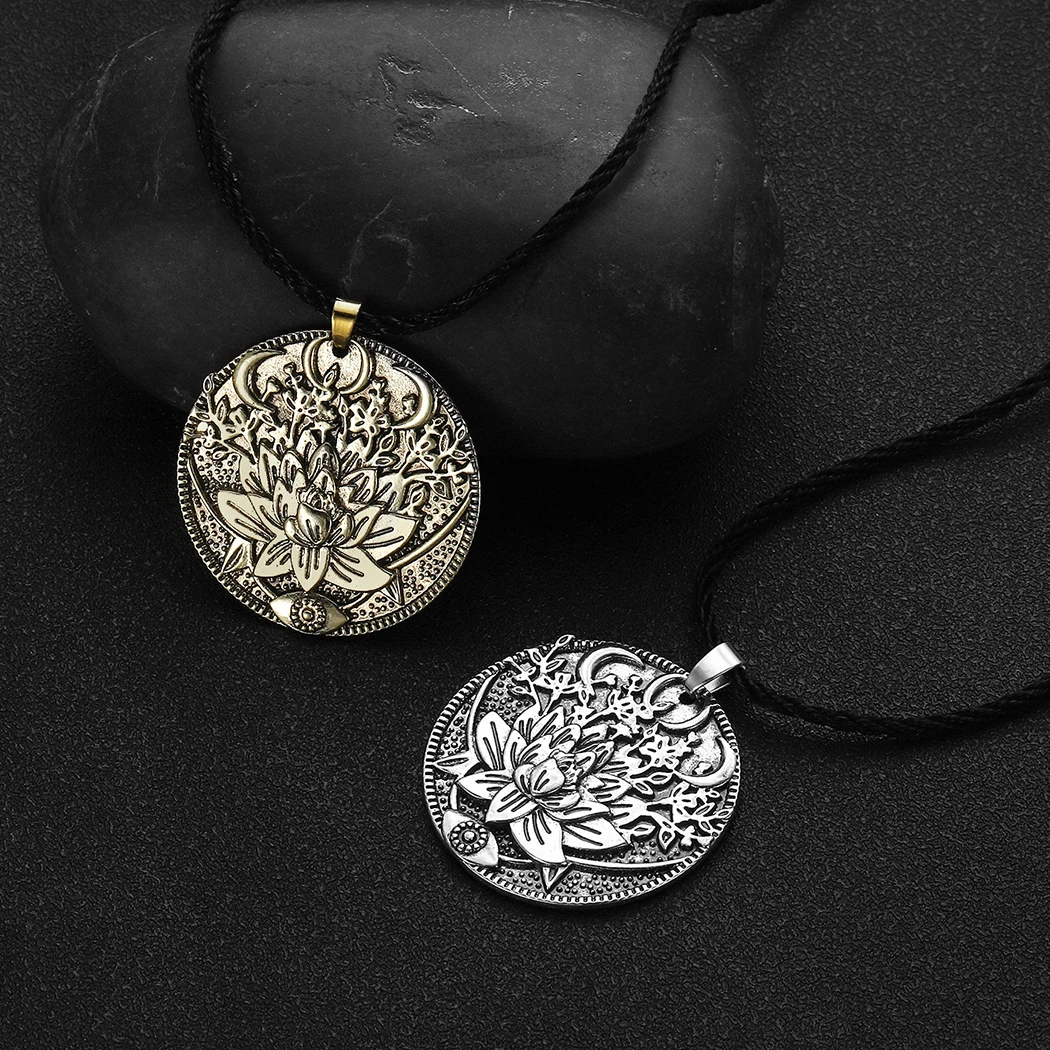 Triple Moon Goddess With A Lotus Flower Wiccan Evil Eye Necklace Women Men Engraved Witchcraft Amulet Talisman Jewelry Collar