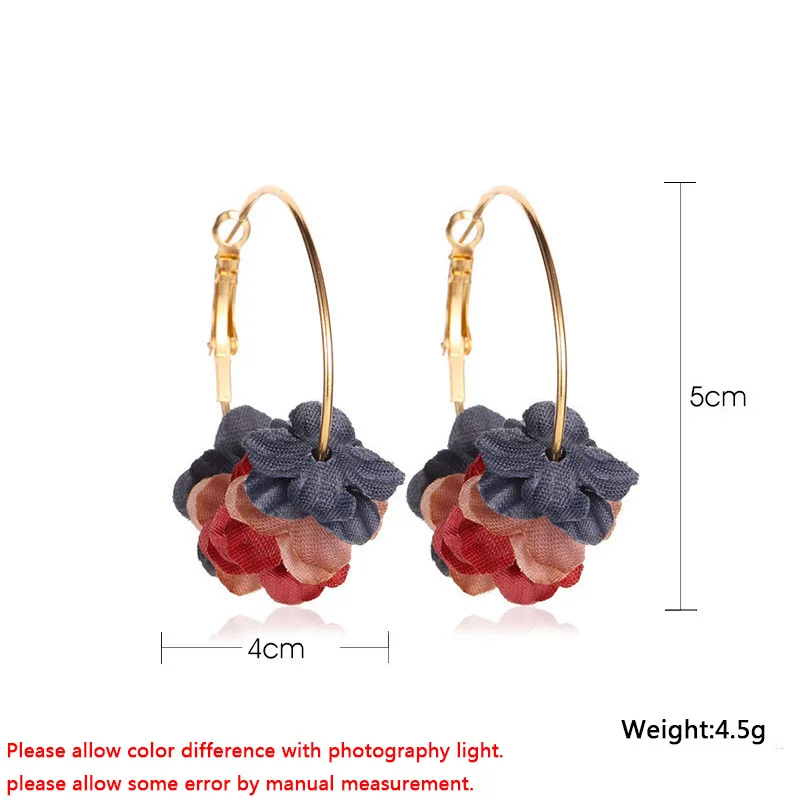 Fabric Flower Drop Earrings for Women Colorful Multi-layers Floral Femlae Dangle Earrings Alloy Circle Clips Bohemian Earrings