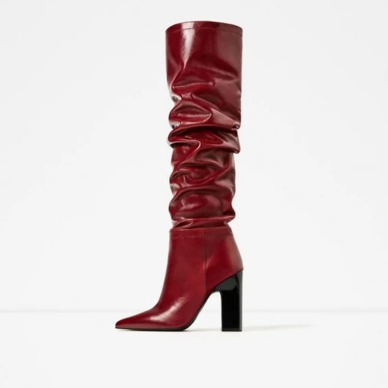 Red Slouch Boots Pointy Toe Chunky Heels Knee High Boot Women Winter Slip On High Heel Shoes Solid Wine Red Color Customized