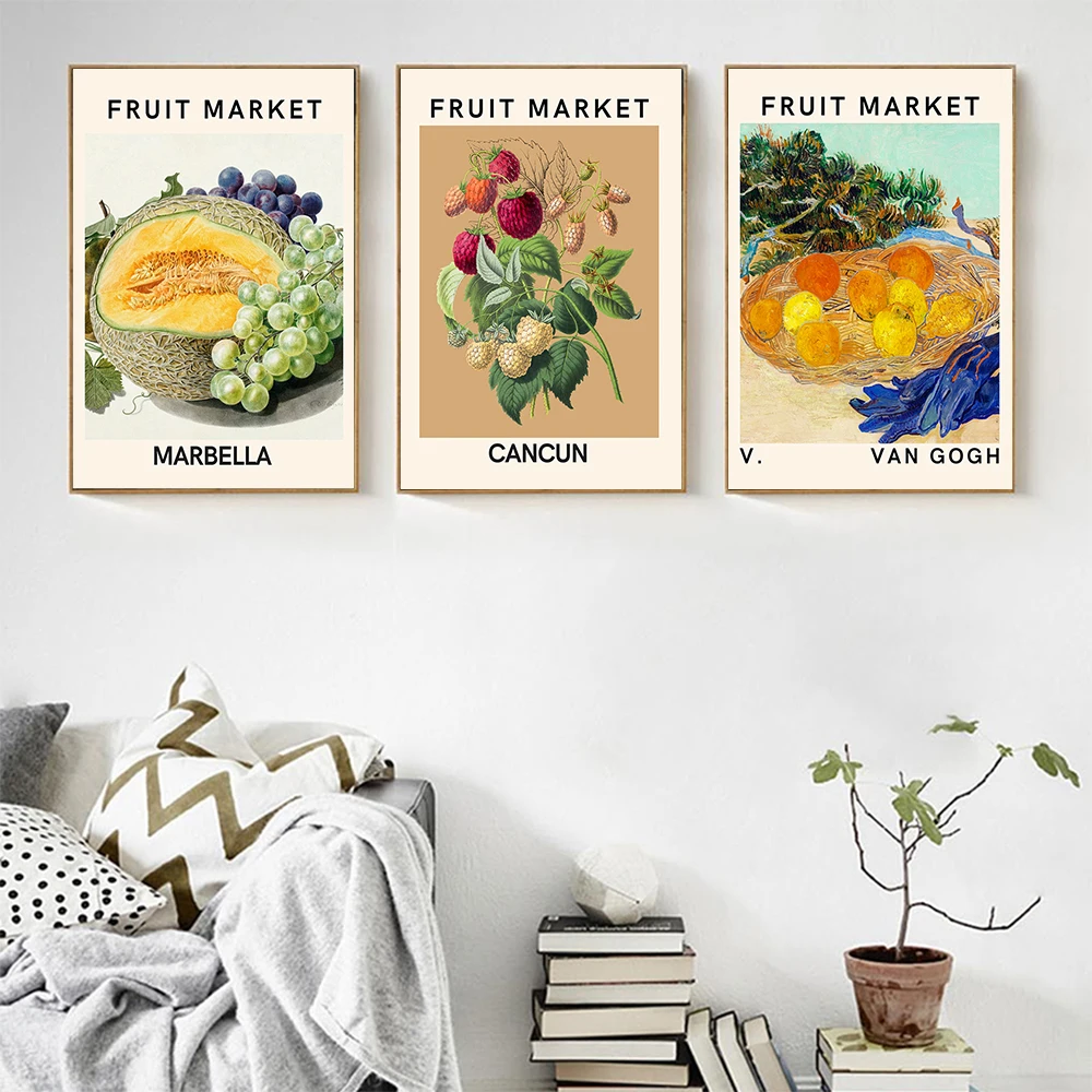 Póster del mercado de frutas de Van Gogh, pintura en lienzo de Marbella, uva abstracta, melón, arte de pared, imágenes impresas para decoración para sala de estar