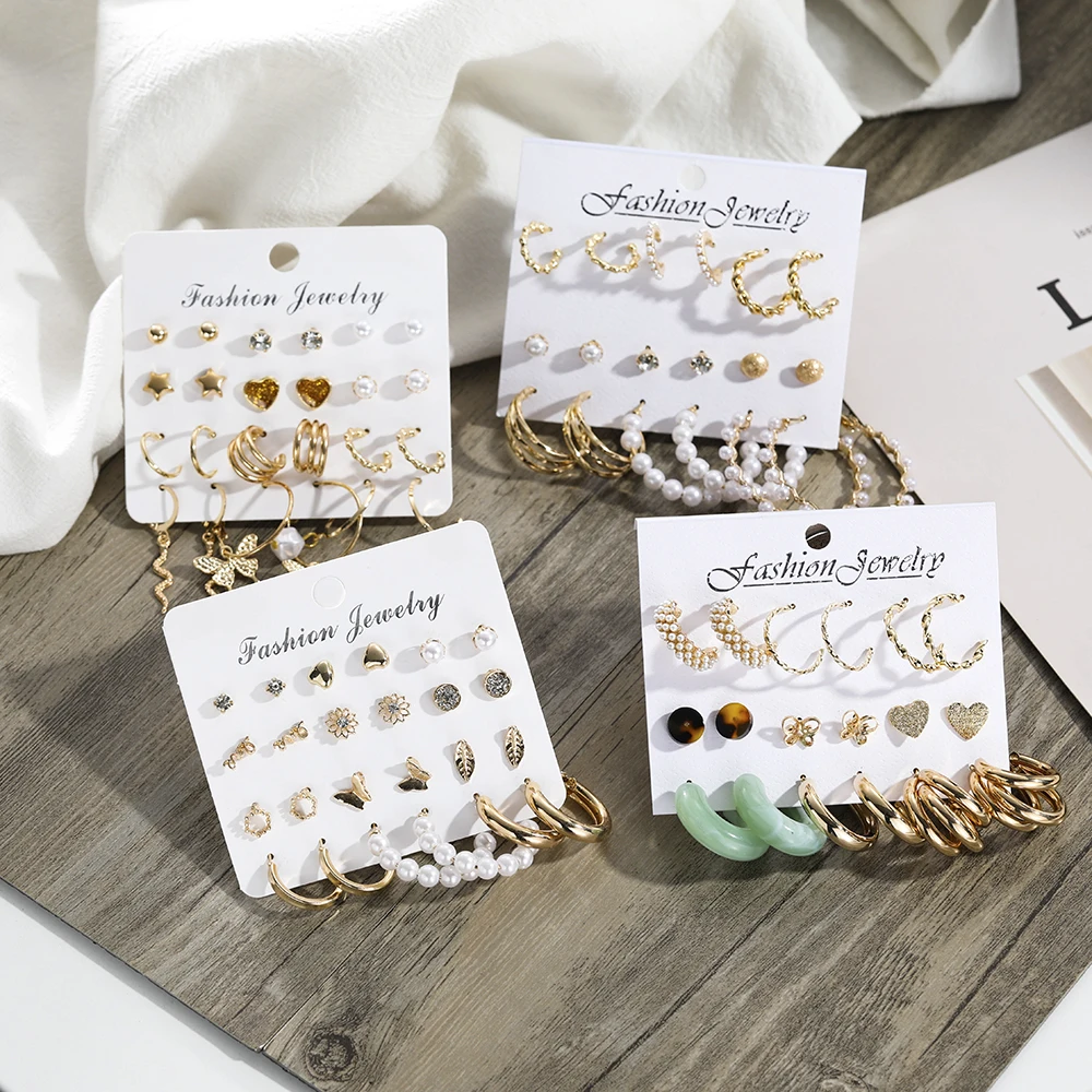 6/9 Pairs كبير هوب اللؤلؤ طقم من الحلقان موضة المعادن القرط فراشة دائرة هندسية خمر القرط للنساء مجوهرات 2021