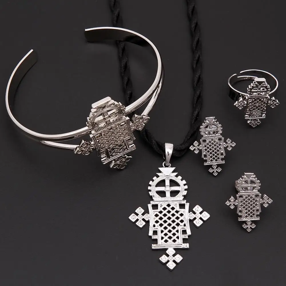 Silver Plated Ethiopian Trendy Cross Jewelry Set For Teenage Girl Women Nigeria Congo Uganda Jewelry