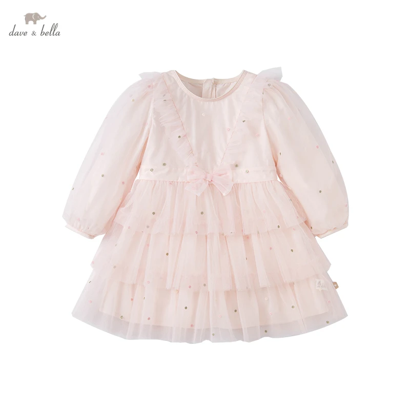 DK1221759  dave bella spring girl\'s fashion 5Y-13Y sweet bow style dress children sweet dress kids infant lolita clothes