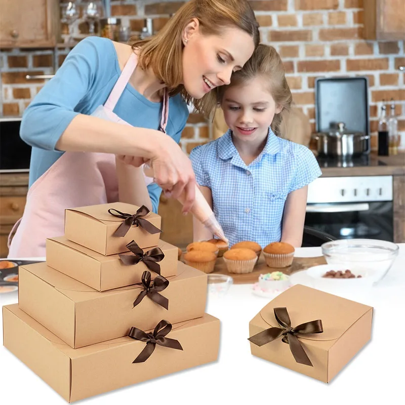 Small Large Size Kraft Paper Boxes with Ribbon White Black Paper Bags for Candy Sweet Packaging Supplies Event Party Gift Box