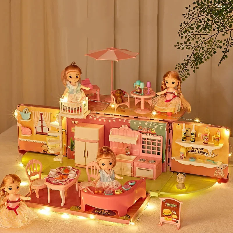 

2021 New Doll House BusToy Girl Little Princess Bedroom Kitchen Cooking Girl Doll House Model Toy For Children Kids Play House