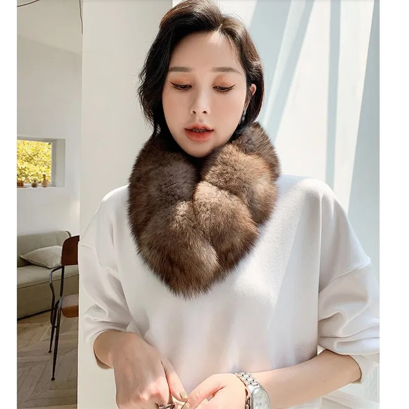 Luxury Real Fox fur Scarf Lady Sable Color Women Winter Warm Fur Collar With Magnet fasten Wraps Rings