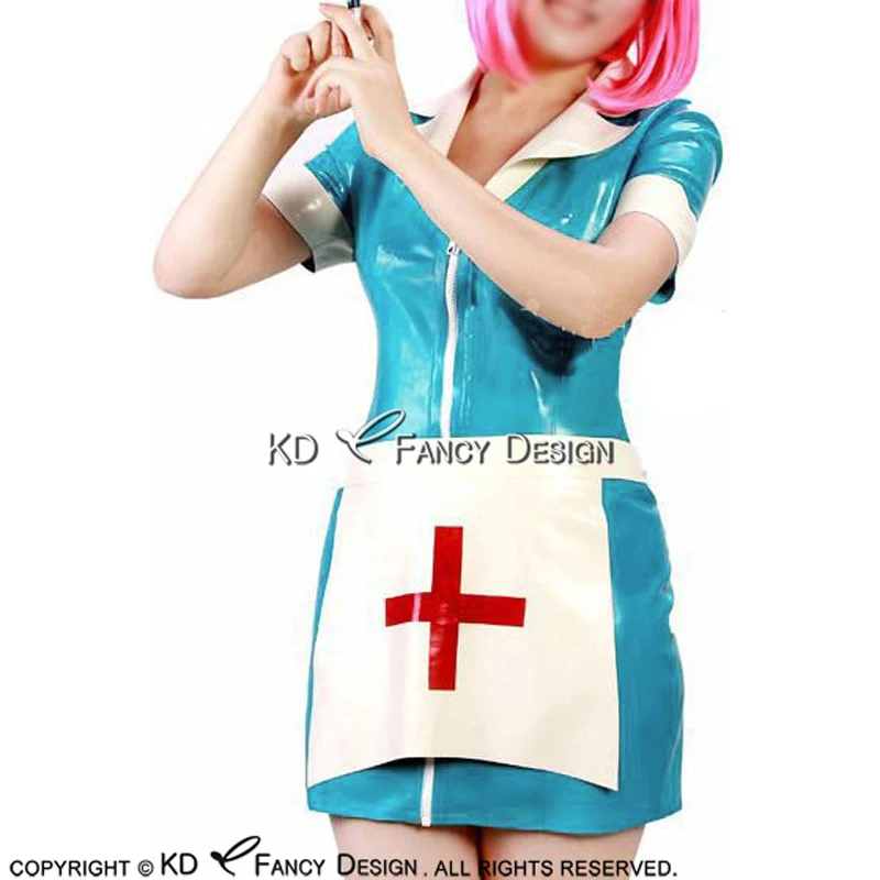 Lake Blue Sexy Latex Uniform Sets Rubber Dress With Apron Red Cross Zipper At Front LYQ-0121