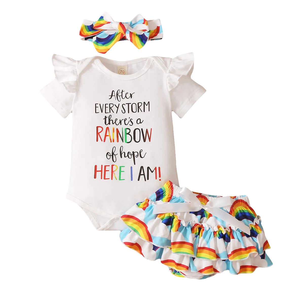 Baby Girls Clothes Set, Letter Print Short Sleeve O-neck Romper + Rainbow Skirt + Bow-knot Headband