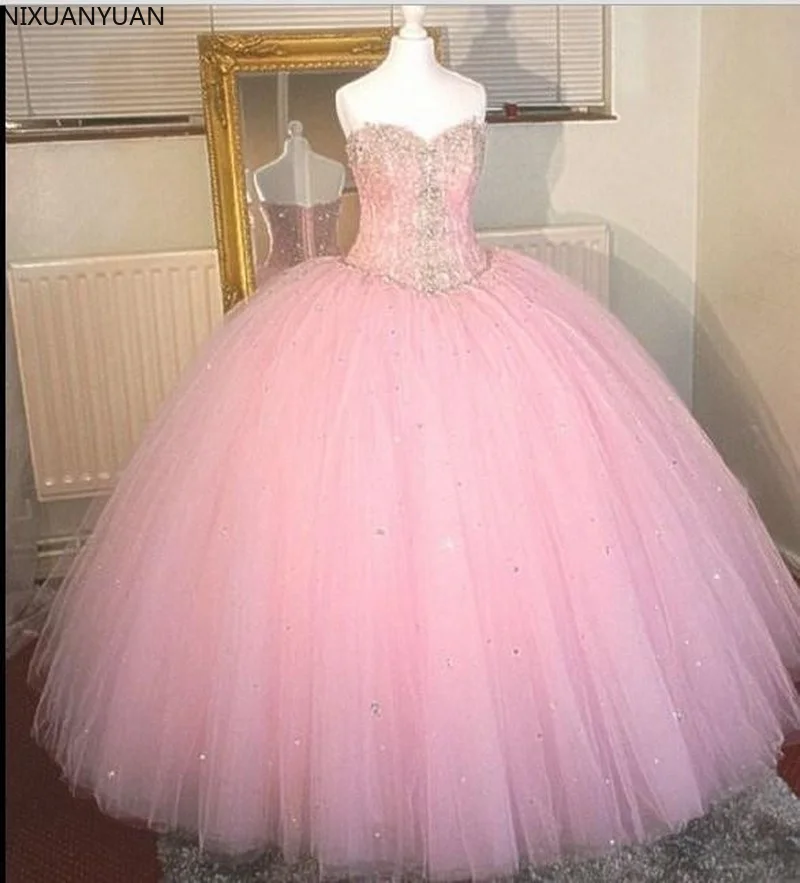 New Design Sweetheart Ball Gown Tulle Beading Pink Quinceanera Dresses Floor Length Graduation Dress