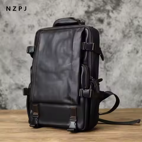 NZPJ Leather Men's Backpack  First Layer Cowhide Leisure Business Travel Backpack Large Capacity Computer Bag Women's Schoolbag