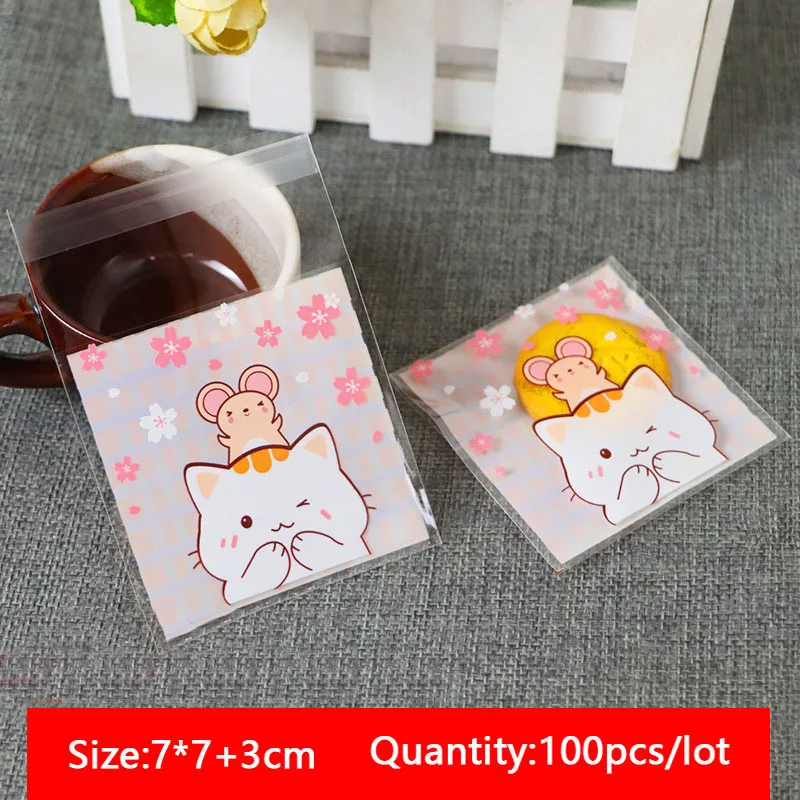 50pcs/lot Cute Cartoon Cat Mouse Flower Plastic Cellophane Baby Shower Birthday Party Cookie Candy Gift Self-Stick Packaging Bag