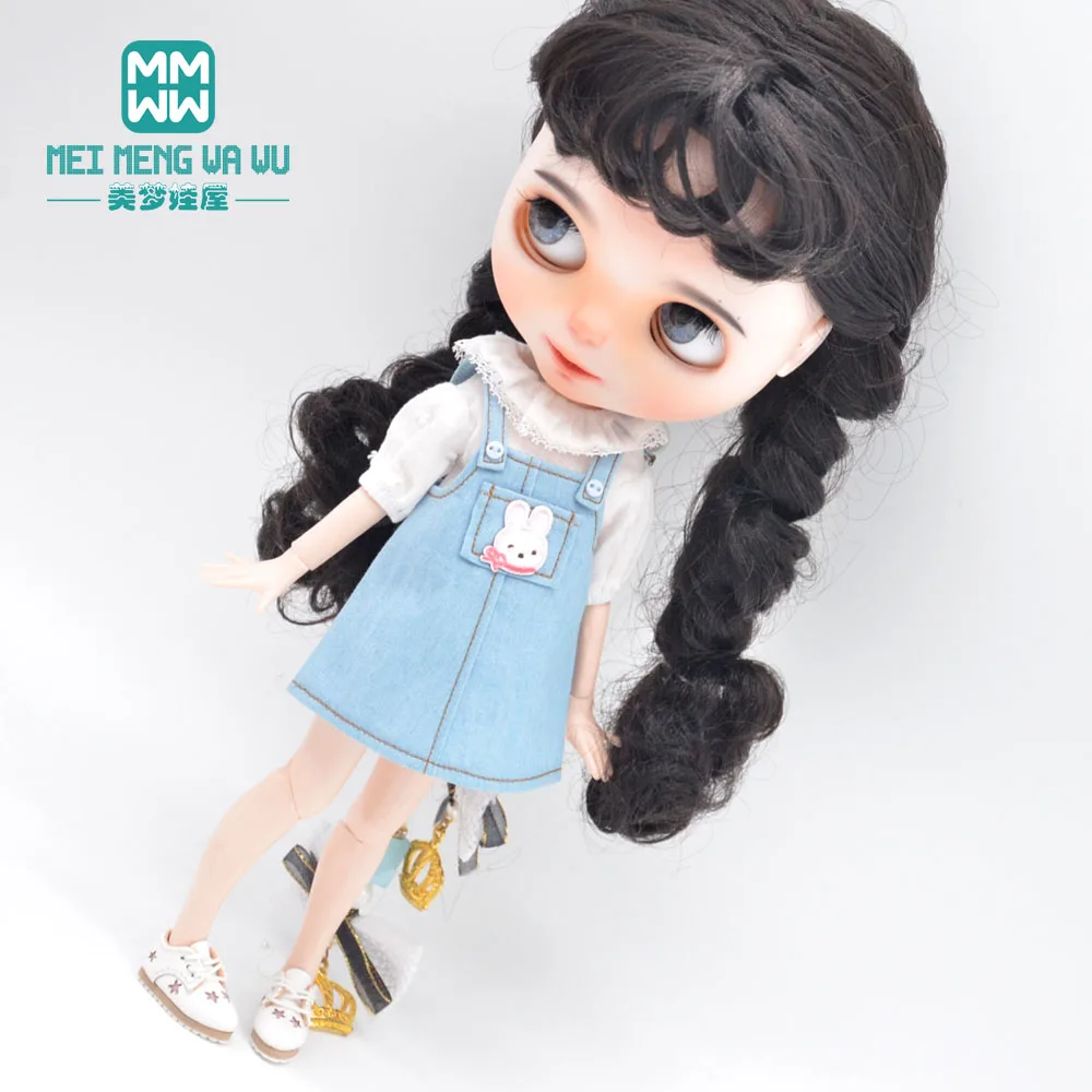 28cm Blyth Doll Clothes Fashion Denim strap dress, collant a righe