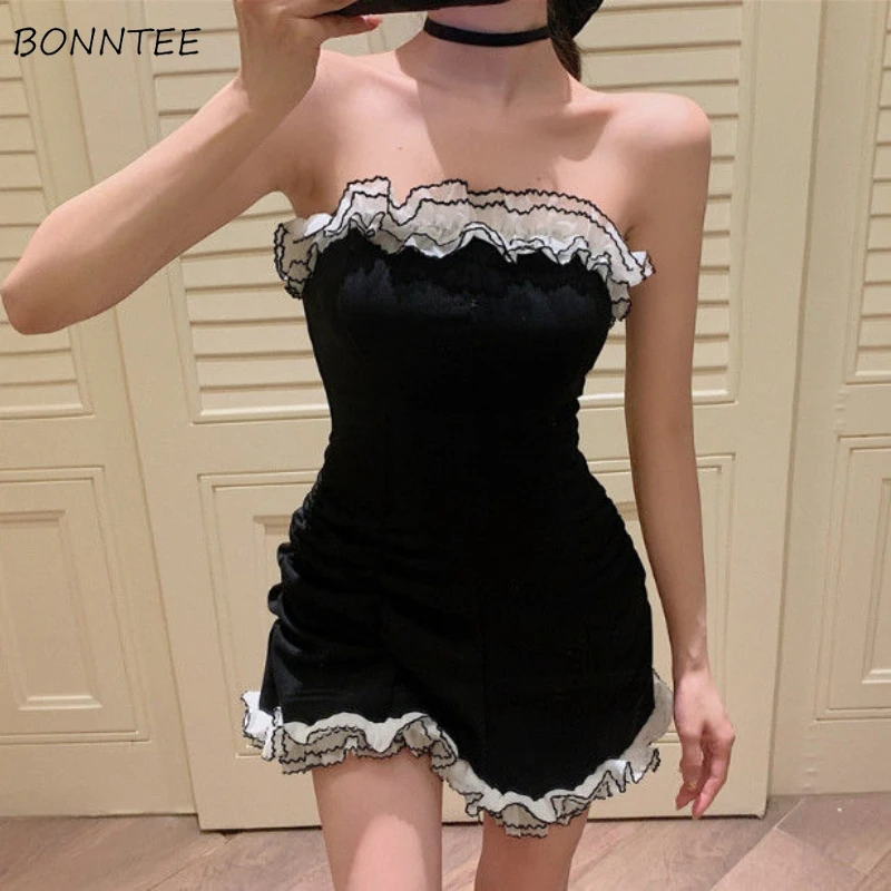 Sleeveless Dresses Women Simple Summer Strapless Black Mini Leisure Patchwork Fashion Slim Sexy Off Shoulder Korean Style Female