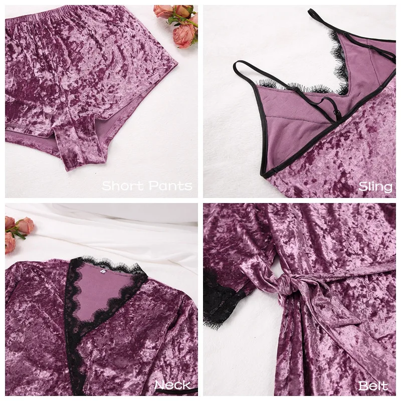 Kupokasi 3PCS Velvet Women Pajamas Sets Autumn Winter Sexy Lace Robe Female Sleepwear Soiled Color Sling Shorts Lounge wear