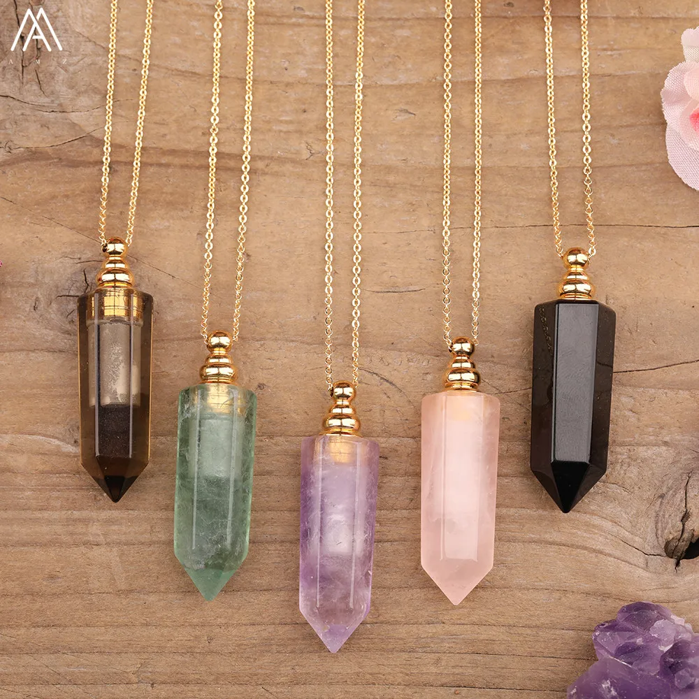 Green Fluorite Prism Point Perfume Bottle Pendant Necklace Gold Plated Essential Diffuser Jewelry