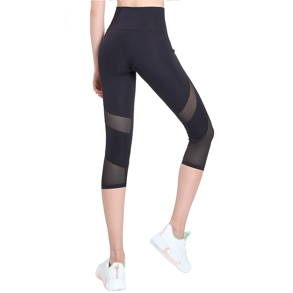 Sports Pants High Waist Pocket Leggings Mesh Splice Stretch Slim Yoga Running Pants Woman Fitness Workout Calf-Length Leggings