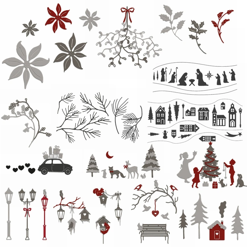 

Holly Flower Petals Branch Street Lamp House Cage Car Gift Box Christmas Trees Ornament Critters Cutting Dies 2020 New Design
