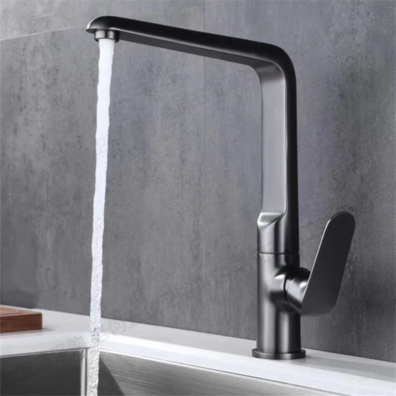 Kitchen Faucet Hot & Cold Solid Brass Sink Mixer Tap Vegetable Washing Pool Water Crane Rotating Single Handle Deck Mounted Grey