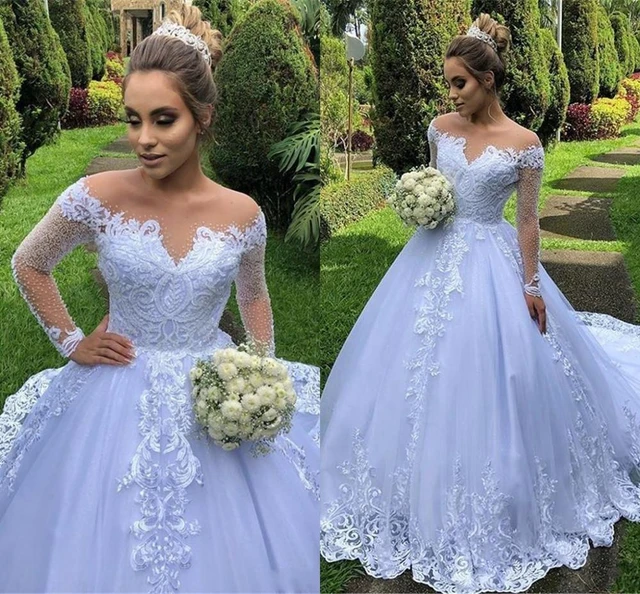 Robe de mariee bouffante a manches longues 2020 tenue de mariage modeste a effet d illusion coupe trapeze avec des appliques transparentes longues froncees AliExpress