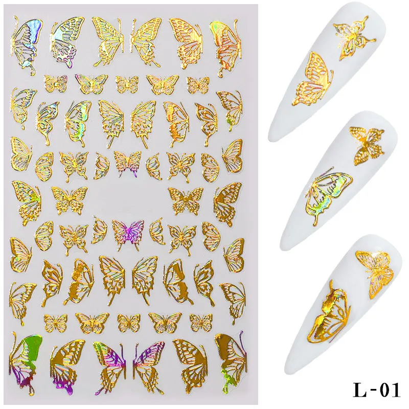 Nail Stickers 1Sheets 3D Butterfly Adhesive Sliders Colorful DIY Golden silver Nail Transfer Decals Foils Wraps Decorations