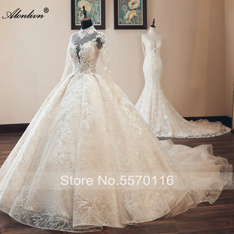 Alonlivn brilhante renda gola alta vestidos de casamento mangas compridas miçangas cristais apliques vestido de baile vestido de noiva personalizar